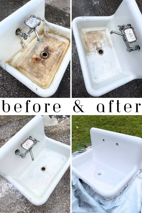 Refinish a Cast Iron Sink for a Smooth + Flawless Finish Vintage Sink In Bathroom, Outdoor Cast Iron Sink, Restore Cast Iron Sink, Sinks With Drain Boards, Repurposed Cast Iron Sink, Cast Iron Sink Refinish, Old Sinks Repurposed, Bathroom Sink Ideas Farmhouse, Vintage Kitchen Sink Ideas