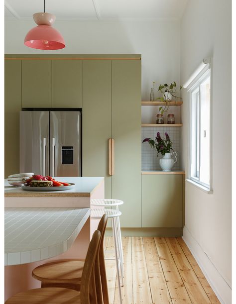 This Pastel Kitchen Will Change Your Mind About Laminate Pastel Kitchen, Space Craft, Melbourne House, Wooden Floors, Mid Century Kitchen, Family Kitchen, The Design Files, Colour Combination, Küchen Design