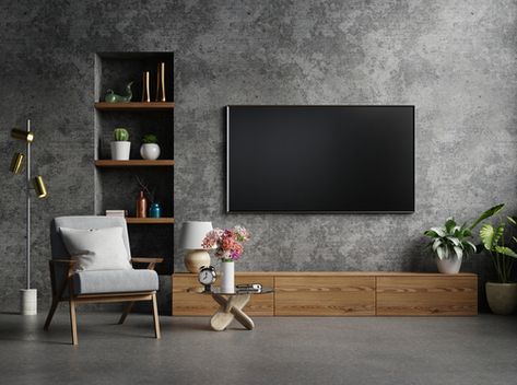 Tv Unit Painting Ideas, Grey Tv Wall Living Room, Tv Wall Paint, Tv Wall Painting Design, Grey Tv Wall, Room Tv Cabinet Design, Tv Stand Decorations, Sala Zen, Modern Living Room Tv