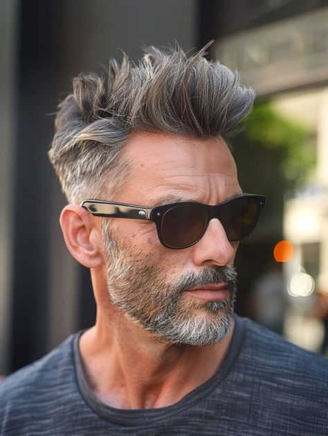 Salt And Pepper Look For Men, Grey Hair Color Men, Textured Fade, Mid Fade Haircut, Urban Background, Beard Styles Short, Grey Hair Men, Mid Fade, Men With Grey Hair