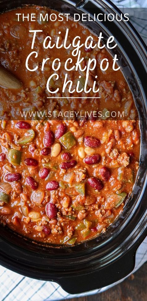 You'll love this classic, homemade, thick slow cooker chili with ground beef, seasonings & veggies. Make it spicy or mild. Substitute turkey for ground beef! This basic recipe is flexible, allows creativity & results in few dishes. Cooking for a crowd? Double this recipe & have plenty of food for all. Make a crock pot chili bar with shredded cheese, sour cream, green onion, cilantro, chips & guacamole! Freeze leftover chili for easy meals during the week. #footballfood #fallfood #gamedayfood Southern Chili Recipe, Chili With Ground Beef, Beef Chili Crockpot, Crock Pot Chili, Ground Turkey Chili, Chili Bar, Leftover Chili, Chili Recipe Crockpot, Crockpot Chili