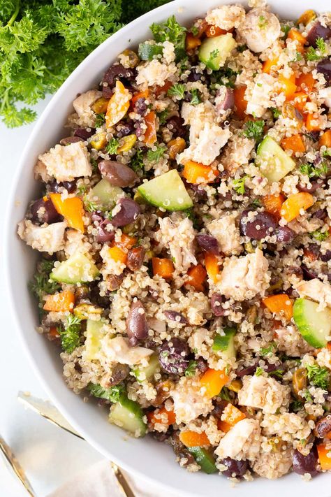 Mediterranean Quinoa Salad with Chicken Mediterranean Quinoa Salad With Chicken, Dense Bean Salad With Chicken, Quinoa Salad With Chicken, Mediterranean Grilled Chicken, Leftover Chicken Breast, Mediterranean Quinoa, Black Bean Chicken, Salad With Chicken, Mediterranean Quinoa Salad