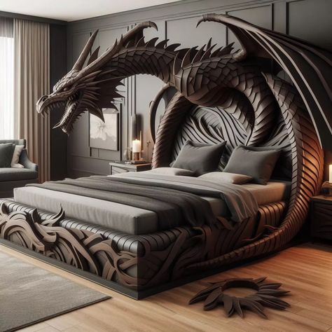 Dragon shaped bed Dragon Bed, Diy Bed Frame Plans, Odd Furniture, Dragon Bedding, Bed Frame Plans, Fancy Bedroom, Amazing Bedroom Designs, Gothic Room, Canopy Curtains