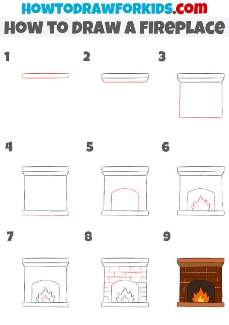 How To Draw A Fireplace Step By Step, How To Draw Fireplace, Draw A Fireplace, Easy Fireplace Drawing, Fireplace Drawing Sketch, How To Draw A Lighter Step By Step, How To Draw A Chimney, Drawing Furniture Step By Step, Fireplace Doodle