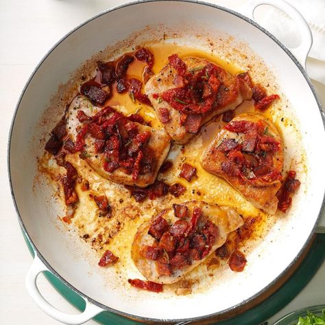 My husband and I collaborated on these pork chops with sun-dried tomatoes, bacon and rosemary. They’re easy enough for any day and fancy enough for special events. —Trisha Klempel, Sidney, Montana Montana Food Recipes, Montana Recipes, Usa Recipes, Winter Dinner Ideas, State Recipes, Montana Trip, State Names, Cultural Food, American States