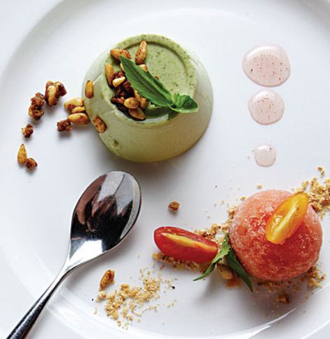 Pesto Panna Cotta Recipe | SAVEUR Tomato Sorbet, Cooking Decorating, Panna Cotta Recipe, Holiday Dessert, Pesto Recipe, Dessert Food, Pine Nuts, Food Presentation, Sweet Desserts