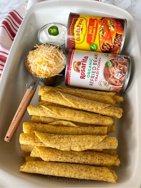 Lazy Enchiladas (Frozen Taquito Dinner Casserole) Taquitos Dinner Ideas, Health Mexican Recipes, Easy Enchiladas With Frozen Burritos, Taquito Lasagna, Taquito Dinner, Enchiladas Made With Taquitos, Taquito Enchiladas, Chicken Taquito Enchilada Casserole, Easy Taquito Enchiladas