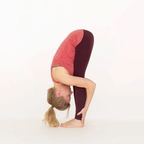 Standing Forward Bend - Ekhart Yoga Yoga Forward Fold, Side Crow Pose, Forward Bend Yoga, Crow Yoga, Balance Poses, Upward Facing Dog Pose, Side Crow, Dolphin Pose, Relaxing Yoga Poses