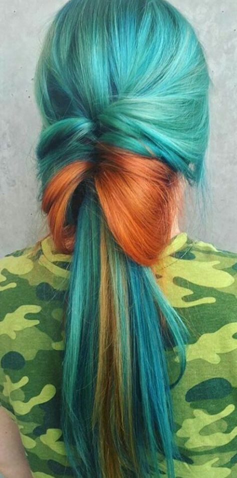 Turquoise green orange dyed hair @theunicorntribe Orange Dyed Hair, Rainbow Highlights, Nails Orange, Blue Ombre Hair, Hair Color Orange, Dyed Hair Pastel, Ombre Blond, Colored Hair Tips, Colourful Hair