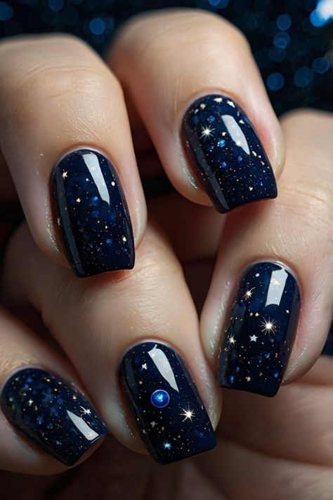 Fashion 50  New Year Nail Design	ByZoe Grace Posted onOctober 28, 2024October 28, 2024 Hanukkah Nails Simple, Bethlehem Star Nail Art, New Years Dipped Nails, Navy Blue Wedding Nails Bridesmaids, Nail Art Celestial, New Years Manicure Ideas, Blue Sparkle Nail Designs, Navy Design Nails, Nail For New Years Ideas