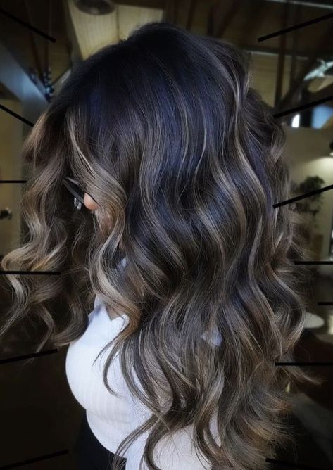 Dark Brown Hair With Ribbon Highlights, Boliage Hair With Highlights, Dark Balayage Hair Ashy, Hair Color That Looks Good On Pale Skin, Dark Tone Balayage, Balage Highlights On Dark Hair, Dark With Ash Highlights, Honey Highlights On Dark Hair Black, Curly Black Hair Balayage