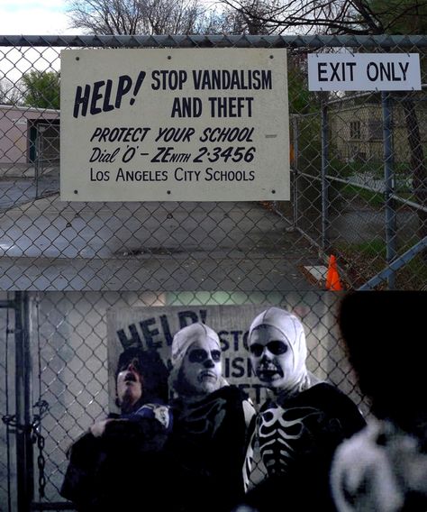 The Karate Kid (1984)   Skeleton Fight Scene  Hughes Jr. High School   5607 Capistrano, Woodland Hills, Calif.    *Note the sign is different from the sign in the movie but from the same era and at the right school. Look at the schools phone number '0' ZEnith 2.3456 Old school (No Pun) Karate Kid 1984, Karate Kid 3, Karate Dojo, Karate Kid Movie, The Karate Kid 1984, The Karate Kid, Cobra Kai Dojo, Cult Movie, Jr High