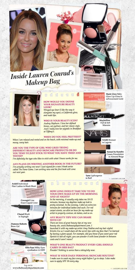 Inside Lauren Conrad's Makeup Bag. Lauren Conrad Makeup, Lauren Conrad Beauty, Conrad Style, Lauren Conrad Style, Love Lauren, Minimalist Makeup, Makeup Is Life, Glam Girl, Makeup Obsession