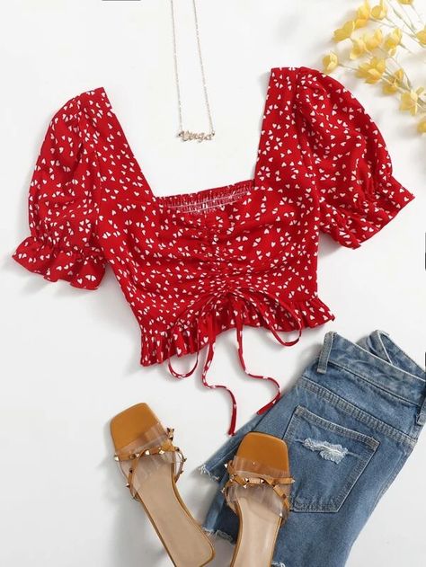 Allover Heart Print Ruffle Trim Drawstring Ruched Front Crop Top | SHEIN USA Red Crop Top Outfit, Girls Top Design, Red Top Outfit, Crop Top Design, Crop Top Designs, Skirt And Top Set, Trendy Fashion Tops, Summer Crop Tops, Dress Flower