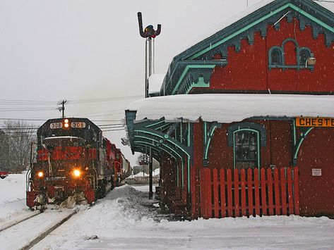 Polar Express - Chester Depot, Vermont  We had just pulled in and I hadn't noticed the train on the other side of the street, ready to roll. When I got in place to take a picture of the station, it started slowly heading out. Good timing. Gosh, it does have that Polar Express thing going on, doesn't it? The station was built in 1852 according to one site I found. Manmade Structures, Railroad Crossing, Train Decor, Train Depot, Old Trains, Trainspotting, Polar Express, Green Mountain, Steam Trains