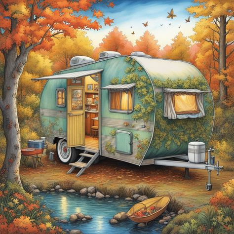 Camper Drawing, Vintage Camper Art, Feel Good Pictures, Camper Art, Old School Bus, House Illustration, Vintage Illustrations, Vintage Camping, Paint And Sip