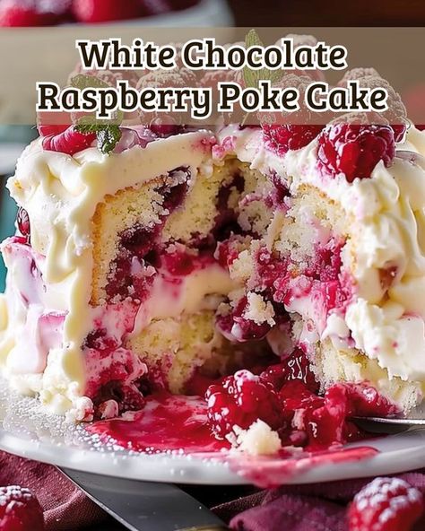 Dulcia Recipes - White Chocolate Raspberry Poke Cake... White Chocolate Raspberry Poke Cake, Chocolate Raspberry Poke Cake, Raspberry Poke Cake, Christmas Cheesecake Recipes, Vintage Pasta, Blueberry Cheesecake Recipe, Yogurt Dessert, Raspberry Desserts, Raspberry Recipes