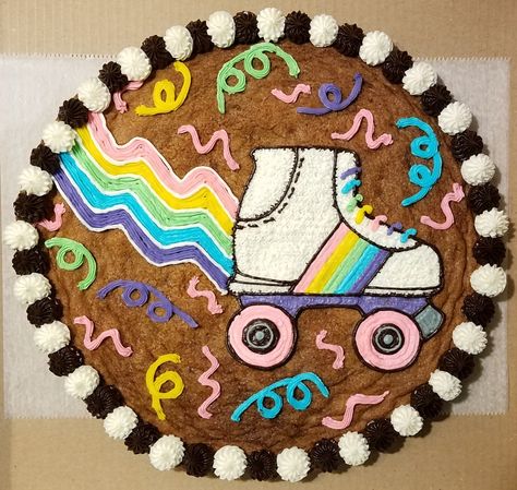 Rainbow roller skate cookie cake Roller Skate Shaped Cake, Roller Skate Sheet Cake, Roller Skate Cookie Cake, Skate Party Cake Ideas, Skate Into Eight Birthday, Roller Skating Cakes, Rolling Into 6 Birthday, Skating Birthday Party, Retro Skate Party