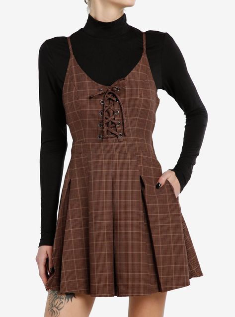 Social Collision Brown Plaid Long-Sleeve Twofer Dress Brown Dresses Outfit, Brown Plaid Dress, Social Collision, Academia Look, Dark Academia Look, Twofer Dress, Luanna Perez, Dark Academia Outfit, Dark Academia Clothes