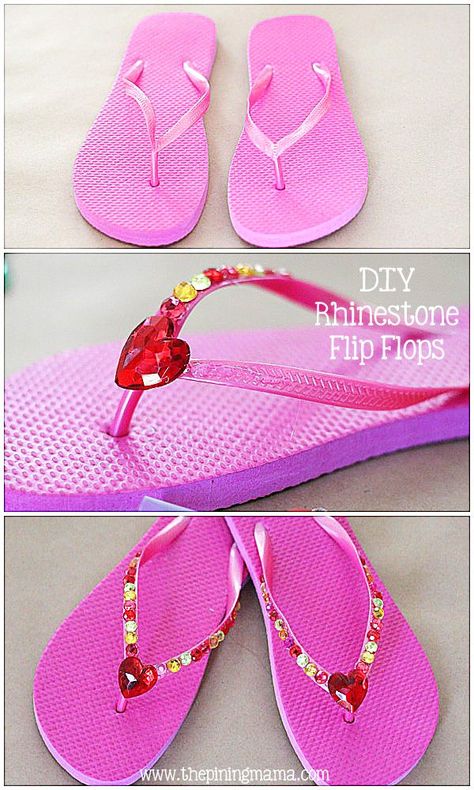 DIY Rhinestone flip flops plus 12 other easy rhinestone projects!  Perfect crafts for teens and tweens! #thebigbling #sparkle #teen #spon #craft Upcycle Shoes, Flip Flop Art, Rhinestone Flip Flops, Flip Flop Craft, Bling Flip Flops, Decorating Flip Flops, Cute Flip Flops, Bow Flip Flops, Diy Sandals