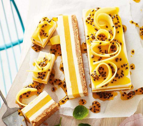 Mango & Passionfruit Cheesecake Recipe | Woolworths Passionfruit Dessert, Mango And Passionfruit, Cream Cheese Cheesecake, Passionfruit Cheesecake, Mango Passionfruit, Passionfruit Recipes, Recipe Mango, Mango Jelly, No Bake Pumpkin Cheesecake