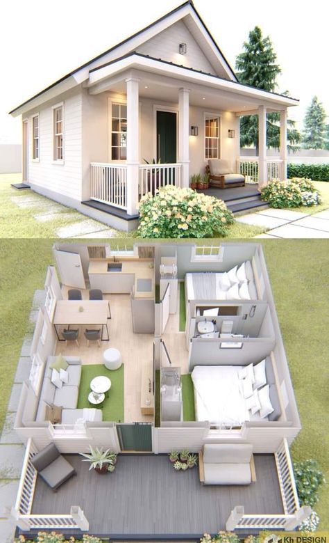 Tiny House Design With Garage, Tiny Home Large Family, Small American House Design, Tiny Bungalow House Design, Tiny Home Layout Ideas, Courtyard Small House, One Floor Tiny House, Small House Plans With Basement, 3 Bedroom Small House Plans