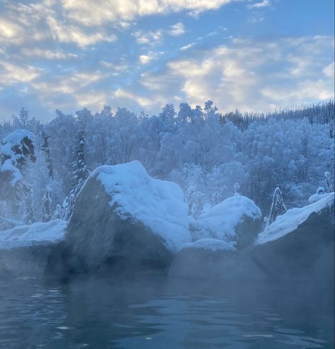 Hot Spring Aesthetic, Winter Hot Springs, Hot Springs Aesthetic Winter, Hot Springs Winter, Snow Hot Springs, Heat Lightning, Chena Hot Springs, Alaska Winter, Twilight Aesthetic