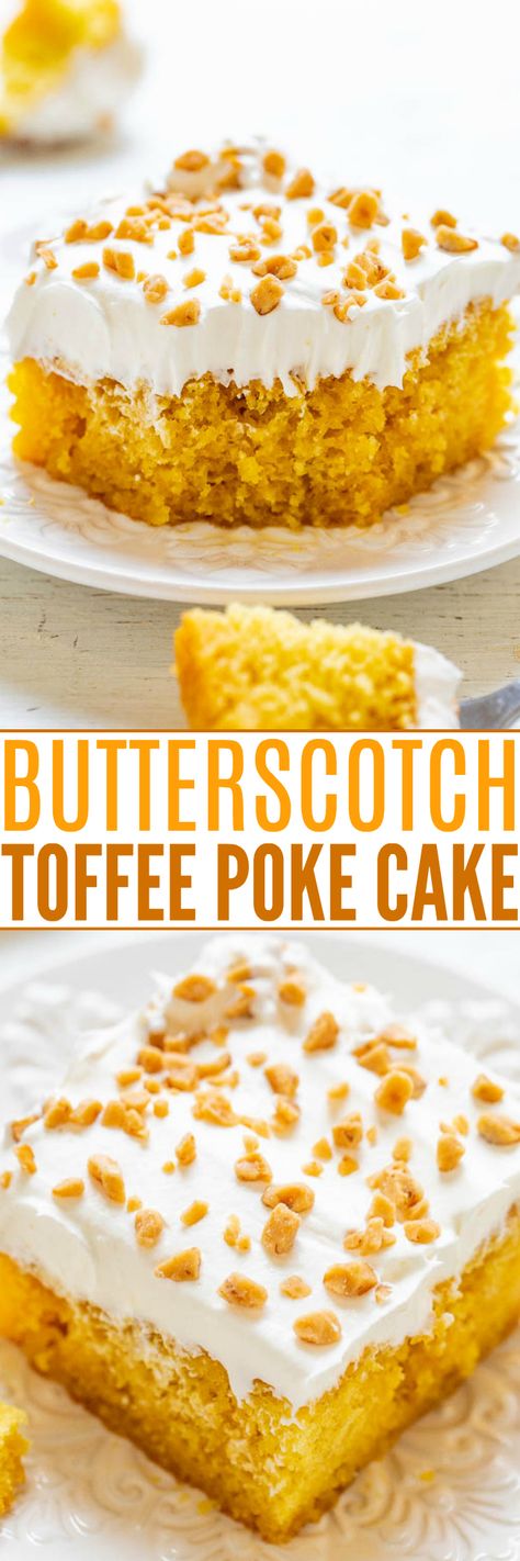 Butterscotch Toffee Poke Cake - Butterscotch sundae topping isn't just for ice cream - it makes AWESOME poke cakes!! Along with the irresistibly crunchy toffee bits, this is a perfect fast and EASY cake everyone will love!! Butterscotch Poke Cake, Toffee Poke Cake, Butterscotch Toffee, Butterscotch Syrup, Sundae Toppings, Butterscotch Cake, Cake Form, Easy Caramel, Averie Cooks