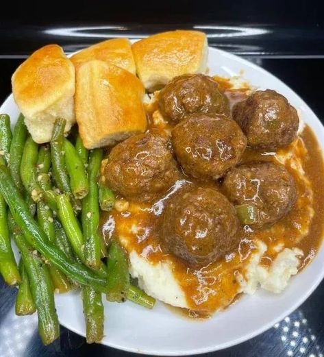 Smothered Meatballs, Salisbury Steak With Onion Gravy, Meatballs And Gravy, Over Mashed Potatoes, Mashed Potatoes Recipe, Soul Food Dinner, Onion Gravy, Homecooked Meals, Salisbury Steak