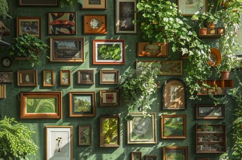 Gallery Wall On Green Wall, Cottagecore Bedroom Green Walls, Gallery Wall With Plants And Pictures, Green And Brown Gallery Wall, Plant Gallery Wall, Boho Bedroom Ivy Wall, Gallery Wall Cottagecore, Cottage Core Frame Wall, Cottage Core Home