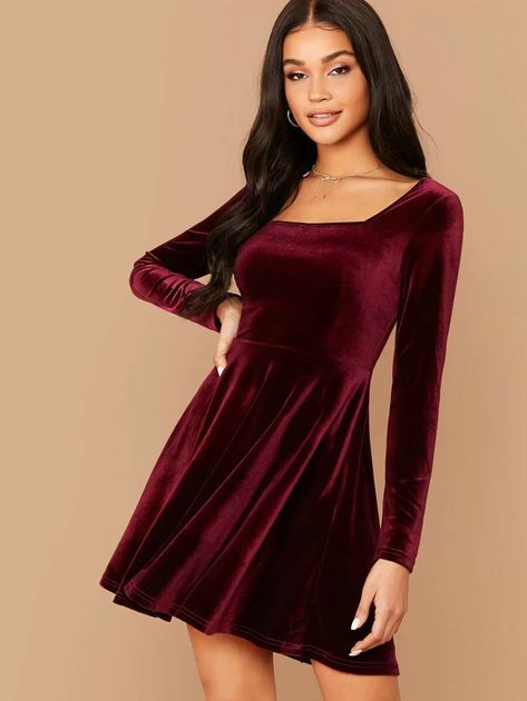 Square Neck Flared Velvet Dress | SHEIN USA Velvet Dress Short, Velvet Skater Dress, Burgundy Velvet Dress, Dresses By Pattern, 파티 드레스, Velour Dress, Red Velvet Dress, Velvet Shorts, Shein Dress