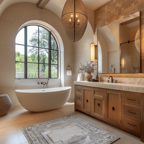 42 Bathroom Remodel Ideas That Will Make You Want to Renovate Today Spanish Revival Master Bath, Freestanding Tubs In Master Bath Modern, Skylight Master Bath, Italy Inspired Bathroom, Cute House Bathroom, Master Bath With Fireplace, Master Bath Shower And Tub Layout, Dream House Decor Bathroom, Spanish Mediterranean Bathroom