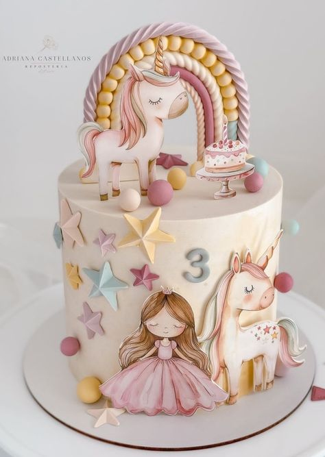 Unicorn and princess themed cake Unicorn And Fairy Cake, Princess Unicorn Cake, Unicorn Princess Cake, Unicorn Pasta, Princess Themed Cake, Unicorn Theme Cake, Birthday Cakes Girls Kids, Fondant Unicorn, Puppy Birthday Cakes