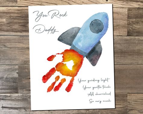 Fathers Day Handprint Craft, You Rock Daddy Rocket Space Personalize With Child's Prints 8x10 & 11x14 Size Printable Digital File - Etsy Father’s Day Arts And Crafts Toddler, Baby Art Crafts, Diy Father's Day Crafts, Dad Crafts, Maluchy Montessori, Fathers Day Art, Rocket Space, Baby Art Projects, Toddler Arts And Crafts