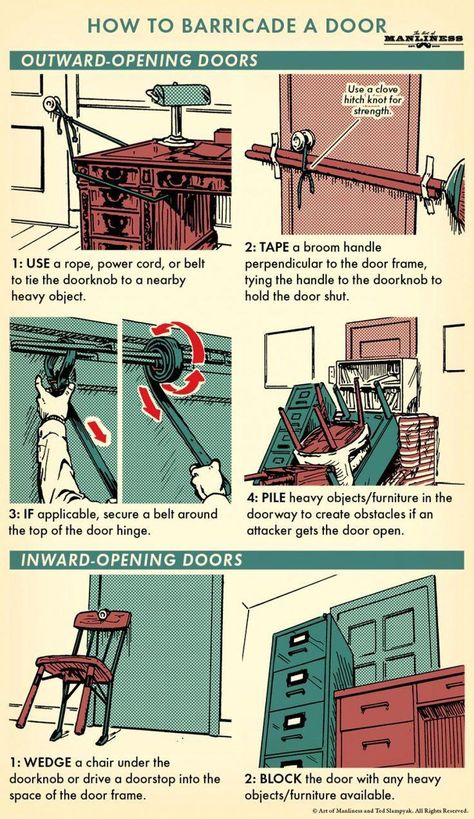 How to Barricade a Door | The Art of Manliness. #Life #Hacks and #Best #Everyday #Home #Useful #DIY #Tips, #Household, #Outdoors, #Survival and #Health #Guides from www.Awakening-Intuition.com Locked Door, 1000 Lifehacks, Supraviețuire Camping, Survival Skills Life Hacks, Art Of Manliness, Survival Life Hacks, Apocalypse Survival, Urban Survival, Survival Techniques