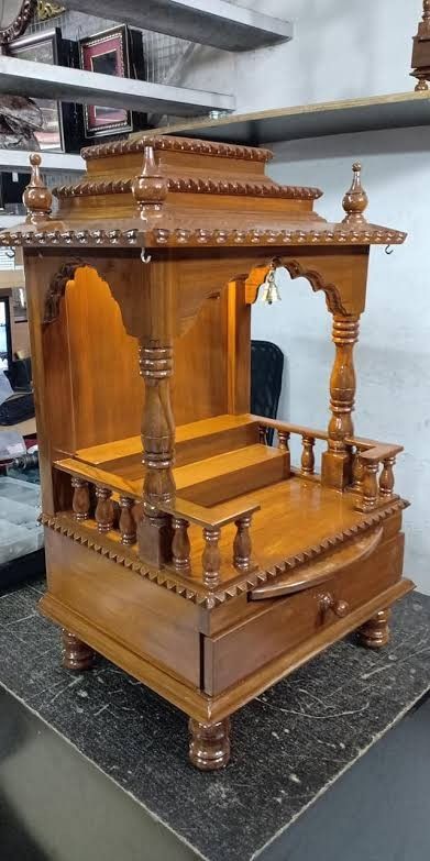 Wooden God Mandir, Wooden Devghar Design, Wooden Temple For Home Modern, Wood Temple Design, Puja Unit, Teak Door, Wooden Temple For Home, Flush Door Design, Window Seat Design