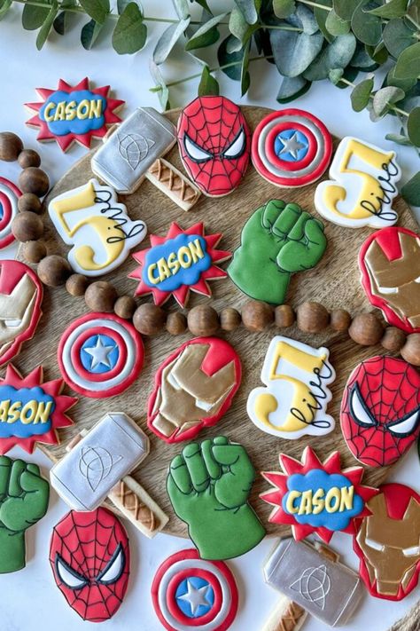 Superheroes Birthday Theme, Marvel Themed Halloween Party, Marvel Fourth Birthday, Avengers Party Favors Ideas, Marvel 4th Birthday Party Ideas, Marvel Theme Birthday Cake, 4th Superhero Birthday Party, Avengers First Birthday Party, Marvel 2nd Birthday Party