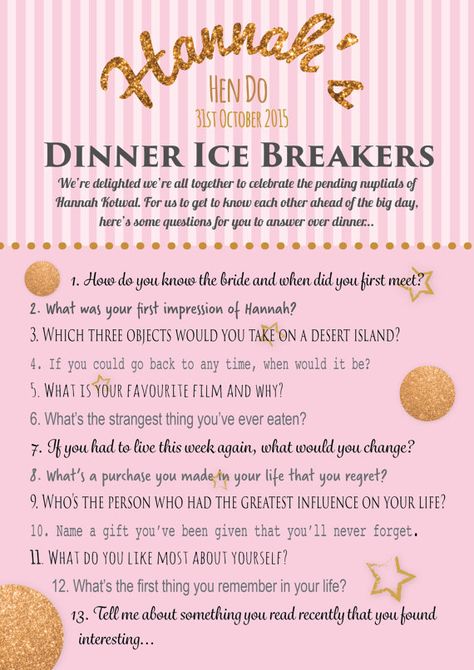 Personalised hen party game Ice breaker by PrintedPersonally Dinner Party Questions, Hens Night Games, Glitter Bachelorette Party, Party Questions, Wedding Table Games, Classy Hen Party, Hen Night Ideas, Wedding Party Games, Dinner Party Games