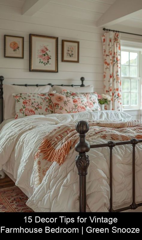 Create a cozy retreat with vintage farmhouse bedroom decor. From rustic wood elements to antique furniture, transform your space with timeless charm. Cute Bedroom Ideas Floral, Room Inspo Aesthetic Colorful, Floral Country Bedroom, Colorful Cottage Core Bedroom, Bedroom Inspirations Floral, Master Bedrooms Decor Antique, Floral Farmhouse Decor, Grandma Style Bedroom, Vintage Style Bedroom Ideas