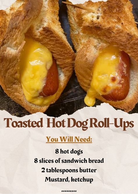 Recipesen - Toasted Hot Dog Roll-Ups Ingredients: 8 hot... Toasted Hot Dog Roll Ups, Hot Dog Roll Ups, How Long To Bake Hot Dogs In The Oven, Hot Dog Bun Breakfast Sandwich, Baked Hot Dogs In Bun, Oven Hot Dogs, Hot Dog Rollers, Hot Dog Rolls, Dog Wrap