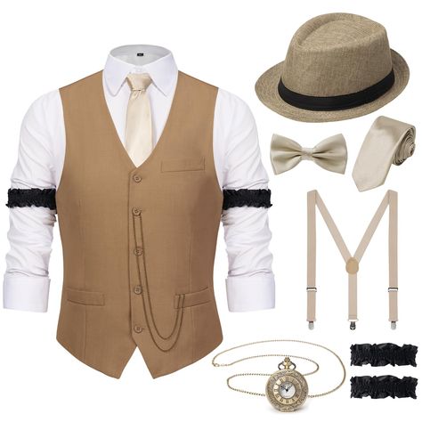 PRICES MAY VARY. This 1920s Mens Outfit includes: 1 x 1920s Mens Fedora Hat; 1 x The Great Gatsby Vest; 1 x Vintage Pocket Watch(No Batteries); 1 x Pre Tied Bow Tie; 1 x Tie; 1 x Y-back Elastic Belt Suspenders; 2 x Black Armbands; Notice: The white shirt is not included in the set Size of the 1920s Mens Costume Accessories: 1920s hat circumference-22.8” and one size fits most; Vest-Please check the vest size carefully and choose the best fit for you; Suspenders are elastic and adjustable;1920s a Gatsby Costume Mens, Great Gatsby Party Outfit For Men, Great Gatsby Party Outfit Men, Gatsby Party Outfit For Men, Mens Gatsby Costume, Roaring 20s Costumes, 1920s Mens Clothing, 1920s Fashion For Men, 20s Hat