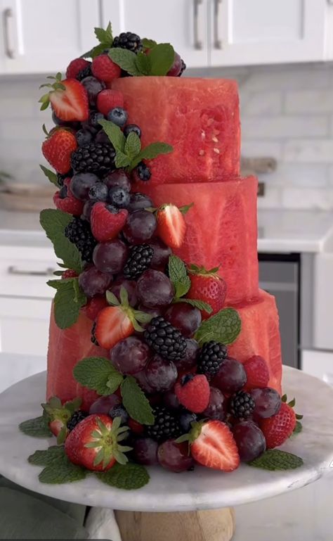 Party Snacks Fruit, Watermelon Layer Cake, Only Fruit Cake, Strawberry Two Tier Cake, Wedding Cake Made Out Of Fruit, Cake Made Of Watermelon, Finger Family Cake, Keeping Fruit Cold At A Party, Watermelon Fruit Cake Birthday