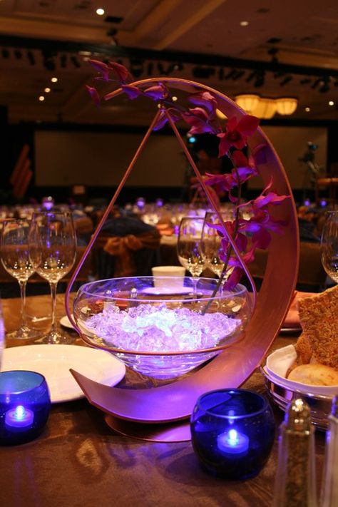 centerpiece would have been a cute idea for my brother's wedding! Galaxy Themed Centerpieces, Sailor Moon Centerpiece, Sailor Moon Sweet 16, Moon Centerpiece Ideas Wedding, Cosmic Centerpiece, Space Quinceanera Theme, Crescent Moon Centerpiece, Sailor Moon Quinceanera Theme, Steven Universe Wedding Theme