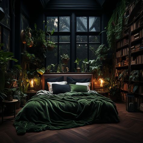 What's whimsigoth home? Have you heard of this new trend? This mixture of gothic and whimsical decor is easier to embrace than you think. Moody Romantic Interior Design, Earthy Gothic Bedroom, Whimsical Gothic Decor Bedroom, Mystical Room Decor, Black And Green Home Decor, Whimsigoth Decor Aesthetic, Green Gothic Bedroom, Dark Green Bedroom Decor, Dark Forest Bedroom