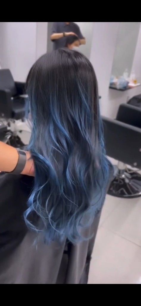 Bangs With Dyed Streaks, Ombré Hair Blue, Blue Bolyoge Hair, Blue Hair Medium Length, Light Blue Highlights In Black Hair, Brunette With Blue Highlights, Blue Halo Hair, Blue Hair Balayage, Blue Hair Ombre