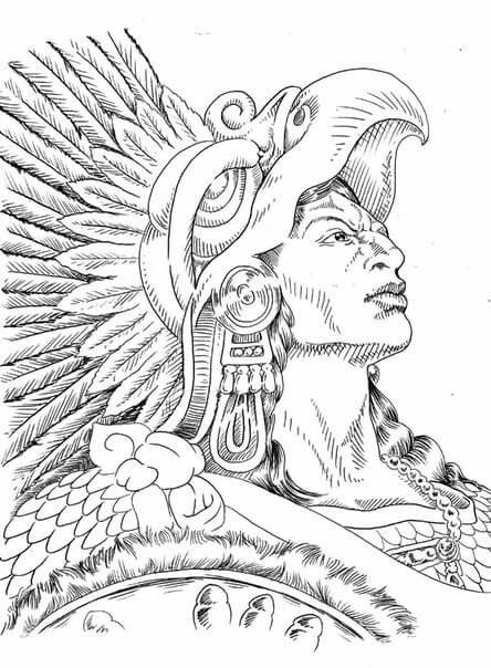 Aztec Warrior Drawing Sketches, Aztec Goddess Tattoo Mexican, Aztec Headdress Drawing, Aztec Warrior Tattoo Stencil, Aztec Coloring Pages, Azteca Drawing, Aztec Drawing Sketches, Maya Drawing, Aztec Art Drawings