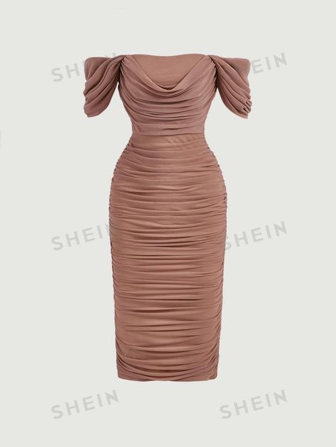 SHEIN MOD Off Shoulder Ruched Mesh Bodycon Dress | SHEIN USA Off-shoulder Ruched Bodycon Dress For Party, Fitted Off-shoulder Ruched Bodycon Dress, Fall Ruched Off-shoulder Bodycon Dress, Chic Ruched Off-shoulder Bodycon Dress, Fitted Ruched Off-shoulder Bodycon Dress, Mesh Bodycon Dress, Women Midi, Ruched Dress, Womens Midi Dresses