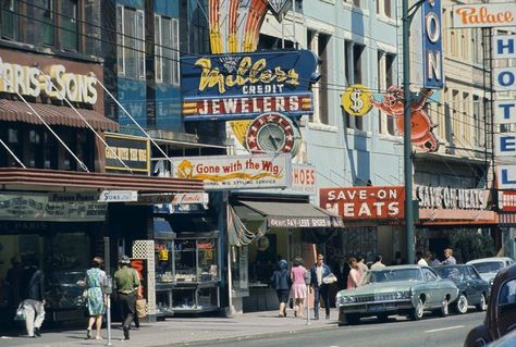 East Hastings street, with butcher shop turned burger joint Save-On Meats Courtesy of Museum of Vancouver Vancouver Chinatown, Vintage Vancouver, Granville Street, Vancouver City, Abandoned Cities, Gas Stations, Street Life, Past Tense, Modern City