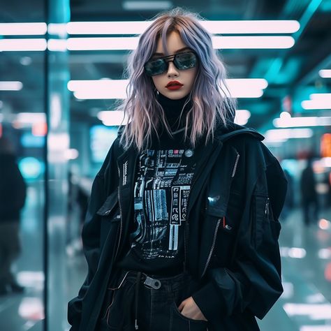 90s cyber aesthetic, cyberpunk, style, outfits Cyberpunk Aesthetic Character, Cyberpunk Photoshoot Ideas, Cyberpunk Girl Outfit, Neon Cyberpunk Aesthetic Outfit, Cyberpunk Hairstyles Women, Cyberpunk Inspired Outfit, Tech Samurai, Cyberpunk Outfit Aesthetic, Cyberpunk Aesthetic Fashion