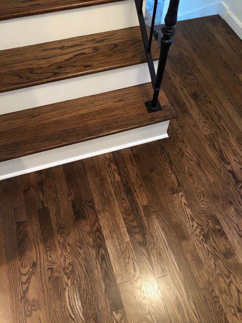 Duraseal Dark Walnut with Satin finish . Floors are select white oak and stair tread is Red Oak. Hardwood Floor Stain Colors, Oak Floor Stains, Floor Stain Colors, Wood Floor Stain Colors, Modern Wood Floors, Walnut Hardwood Flooring, Red Oak Hardwood Floors, Living Room Hardwood Floors, Wood Floor Colors